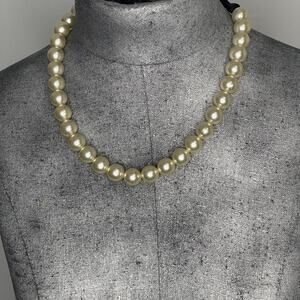 Faux pearl necklace costume jewelry black grosgrain ribbon tie classic preppy